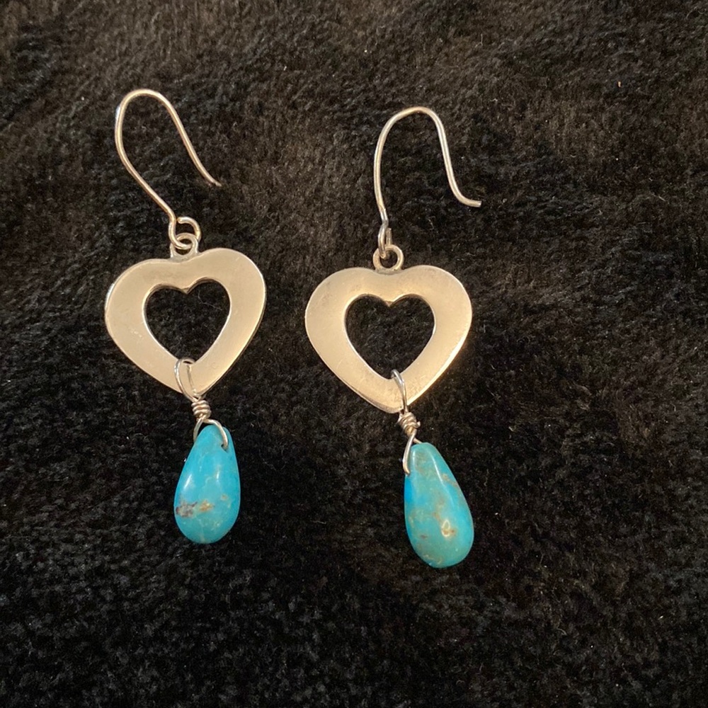 Sterling Silver Native Indian Heart Earrings with Real Turquoise